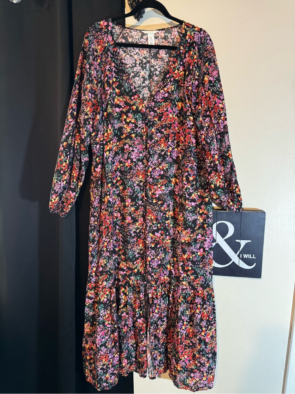 H&M Black Floral Long Sleeve Tiered Midi Dress